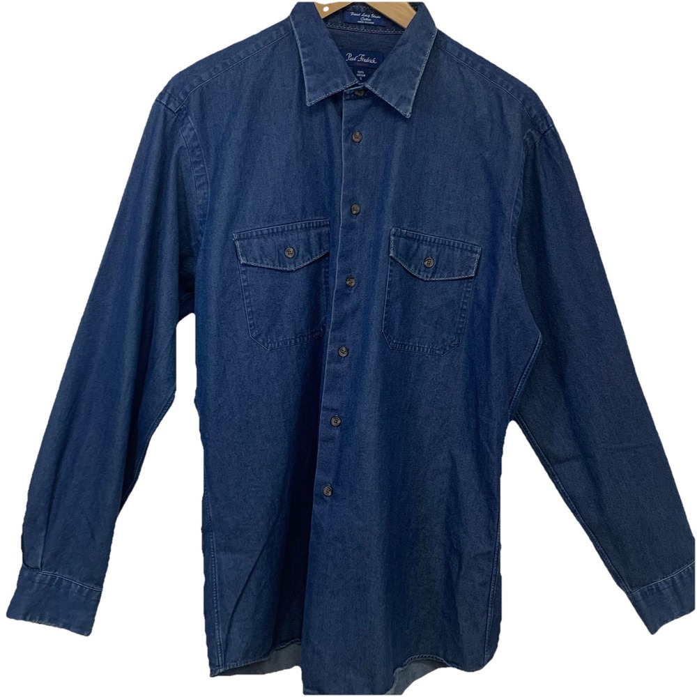 Paul Fredrick Denim  Shirt Men Large Trim Fit Blue 100%  Cotton Western Work‎